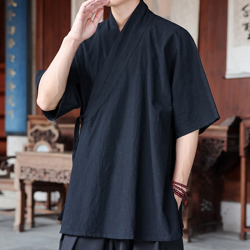Buddha Stones Summer Tang Style Minimalist Side Slit V-Neck Solid Men's Short Sleeve Shirts With Pocket - image 13