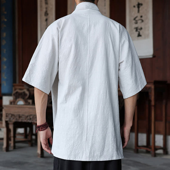 Buddha Stones Summer Tang Style Minimalist Side Slit V-Neck Solid Men's Short Sleeve Shirts With Pocket - image 27