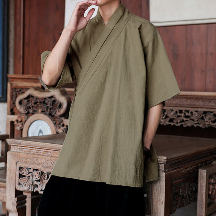 Buddha Stones Summer Tang Style Minimalist Side Slit V-Neck Solid Men's Short Sleeve Shirts With Pocket - image 19