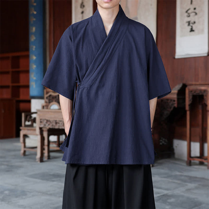 Buddha Stones Summer Tang Style Minimalist Side Slit V-Neck Solid Men's Short Sleeve Shirts With Pocket - Navy - US/UK/AU46, EU56 (5XL) - image 0