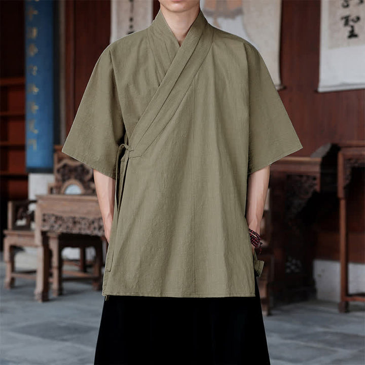 Buddha Stones Summer Tang Style Minimalist Side Slit V-Neck Solid Men's Short Sleeve Shirts With Pocket - Tan - US/UK/AU46, EU56 (5XL) - image 16