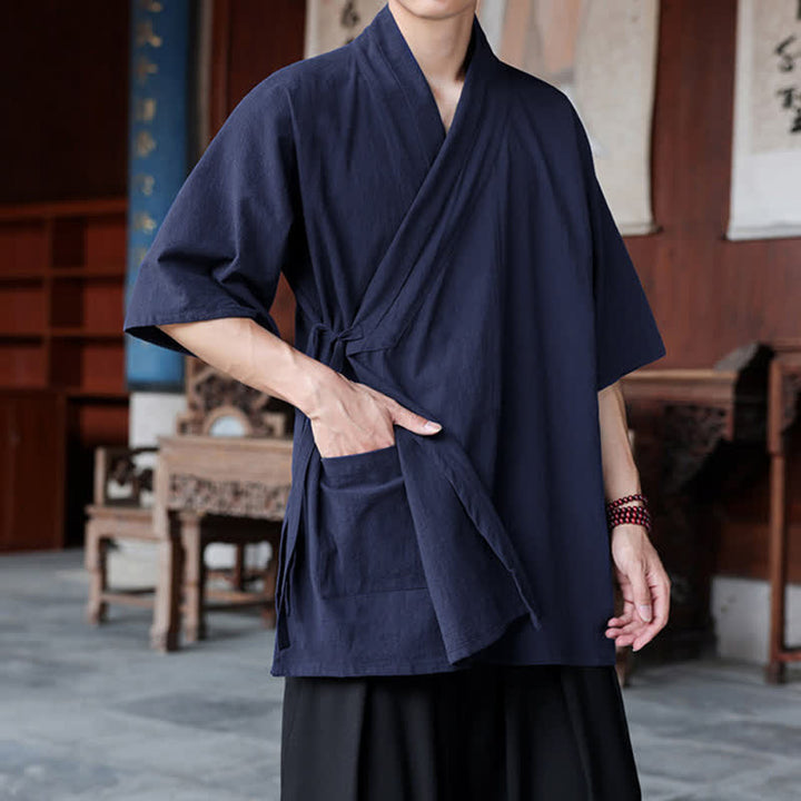 Buddha Stones Summer Tang Style Minimalist Side Slit V-Neck Solid Men's Short Sleeve Shirts With Pocket - image 2