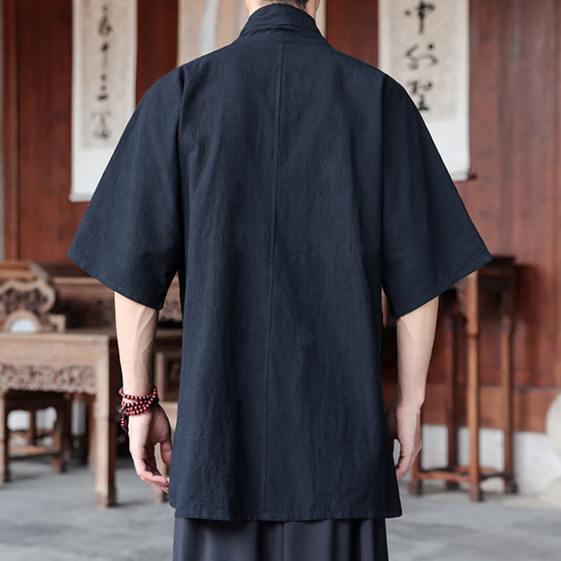 Buddha Stones Summer Tang Style Minimalist Side Slit V-Neck Solid Men's Short Sleeve Shirts With Pocket - image 12