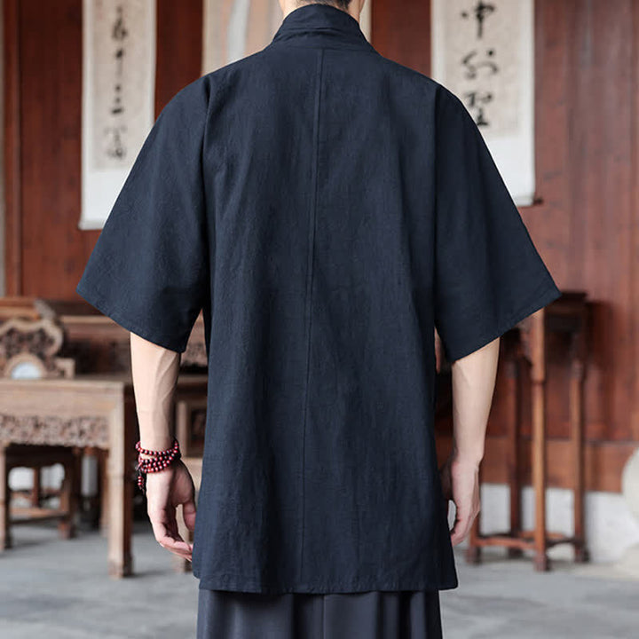 Buddha Stones Summer Tang Style Minimalist Side Slit V-Neck Solid Men's Short Sleeve Shirts With Pocket - image 12