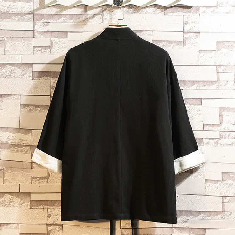 Buddha Stones Spring Summer Casual Minimalist Solid Three-Quarter Sleeve Men's Kimono With Pockets - image 4