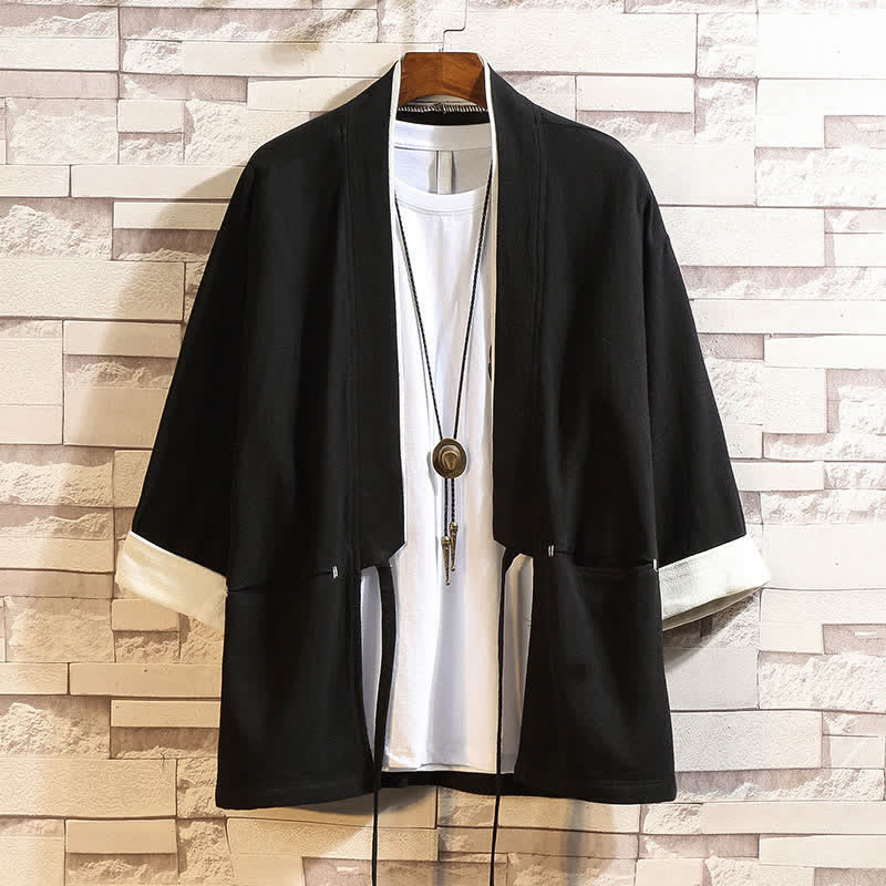 Buddha Stones Spring Summer Casual Minimalist Solid Three-Quarter Sleeve Men's Kimono With Pockets - Black - US/UK/AU46, EU56 (5XL) - image 3