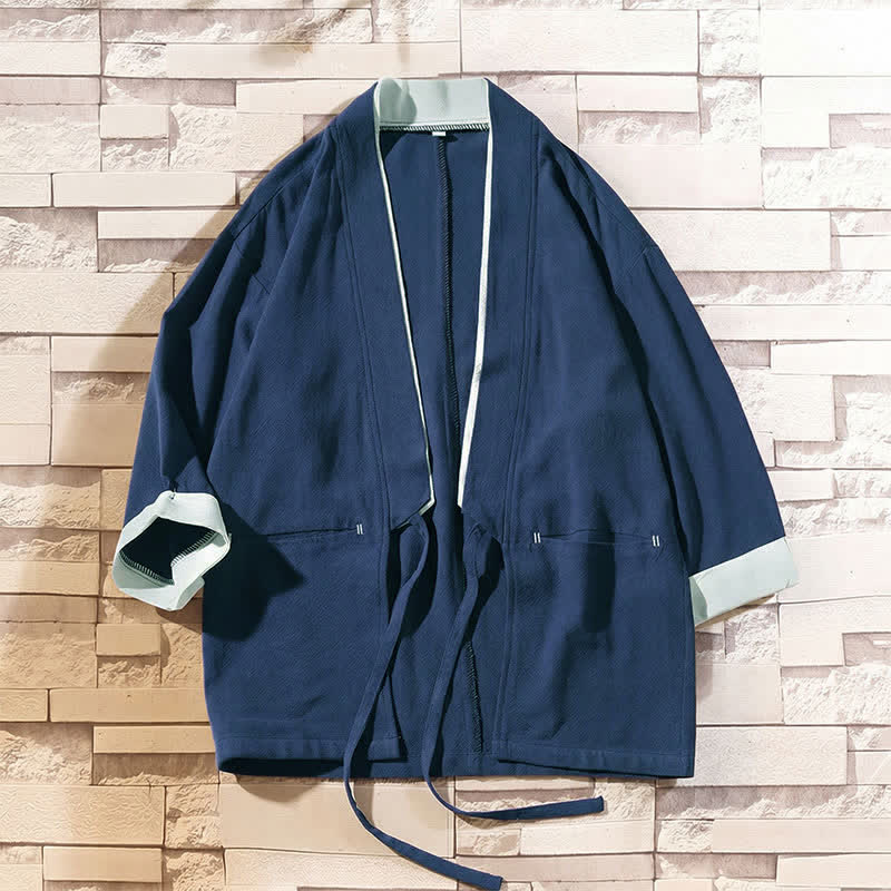 Buddha Stones Spring Summer Casual Minimalist Solid Three-Quarter Sleeve Men's Kimono With Pockets - image 2