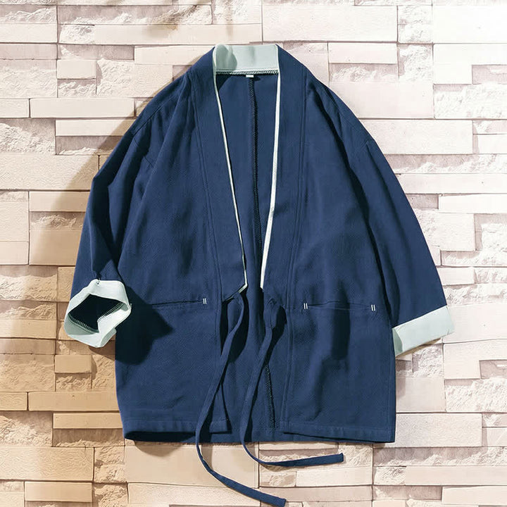 Buddha Stones Spring Summer Casual Minimalist Solid Three-Quarter Sleeve Men's Kimono With Pockets - image 2