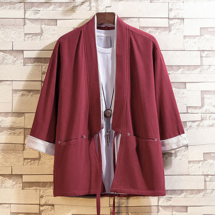 Buddha Stones Spring Summer Casual Minimalist Solid Three-Quarter Sleeve Men's Kimono With Pockets - FireBrick - US/UK/AU46, EU56 (5XL) - image 14
