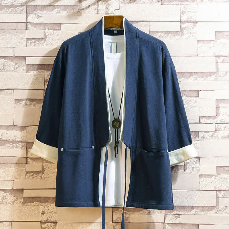 Buddha Stones Spring Summer Casual Minimalist Solid Three-Quarter Sleeve Men's Kimono With Pockets - SteelBlue - US/UK/AU46, EU56 (5XL) - image 0