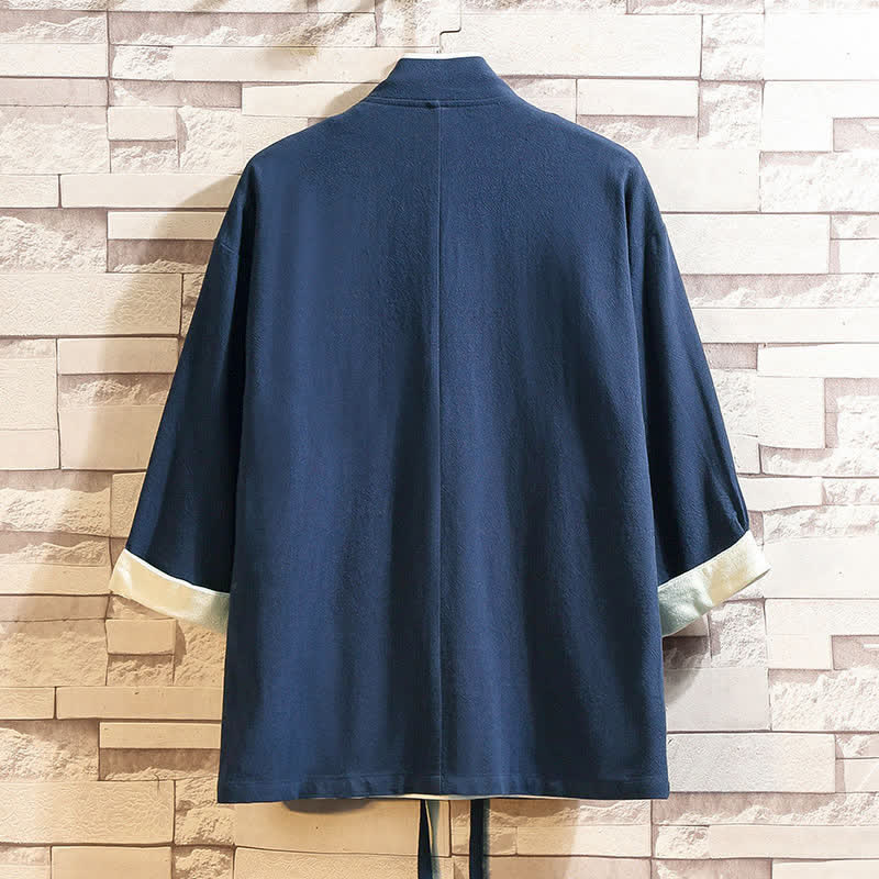 Buddha Stones Spring Summer Casual Minimalist Solid Three-Quarter Sleeve Men's Kimono With Pockets - image 1