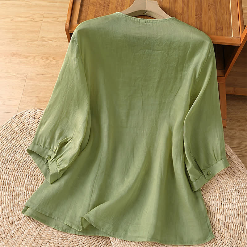 Buddha Stones Summer Tang Style Vintage Embroidery Floral Women's Elbow-Length Sleeve Shirts - image 4