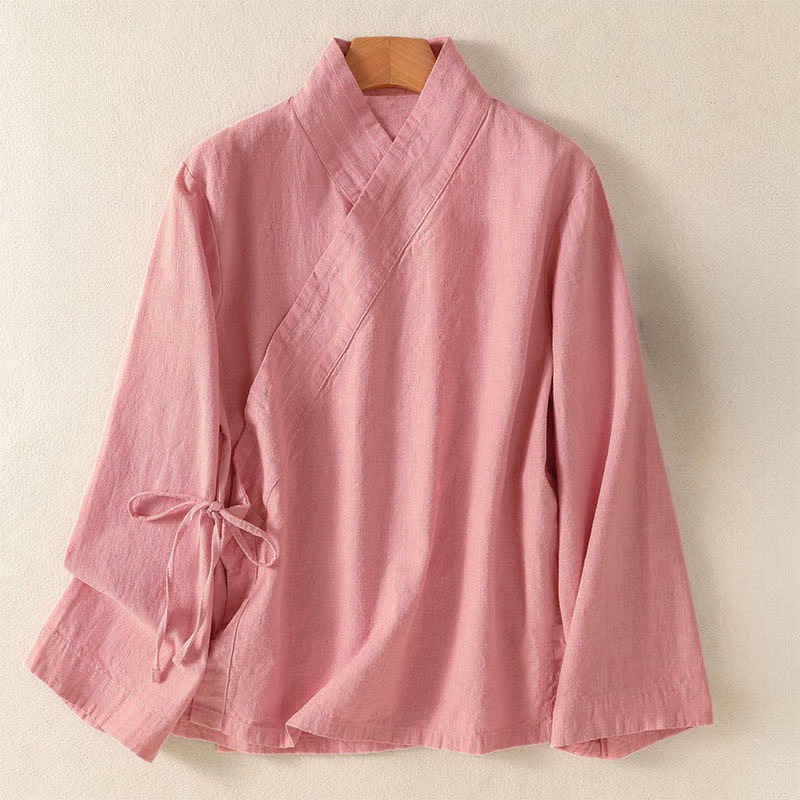 Buddha Stones Spring Summer Casual Tang Style V-Neck Drawstring Solid Women's Long Sleeve Shirts - LightPink - US12, UK/AU16, EU44 (3XL) - image 6
