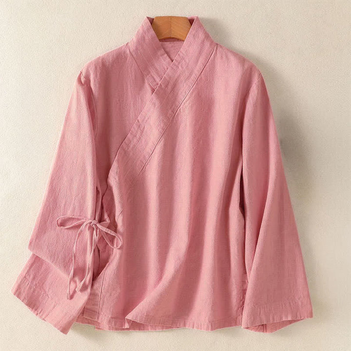 Buddha Stones Spring Summer Casual Tang Style V-Neck Drawstring Solid Women's Long Sleeve Shirts - LightPink - US12, UK/AU16, EU44 (3XL) - image 6