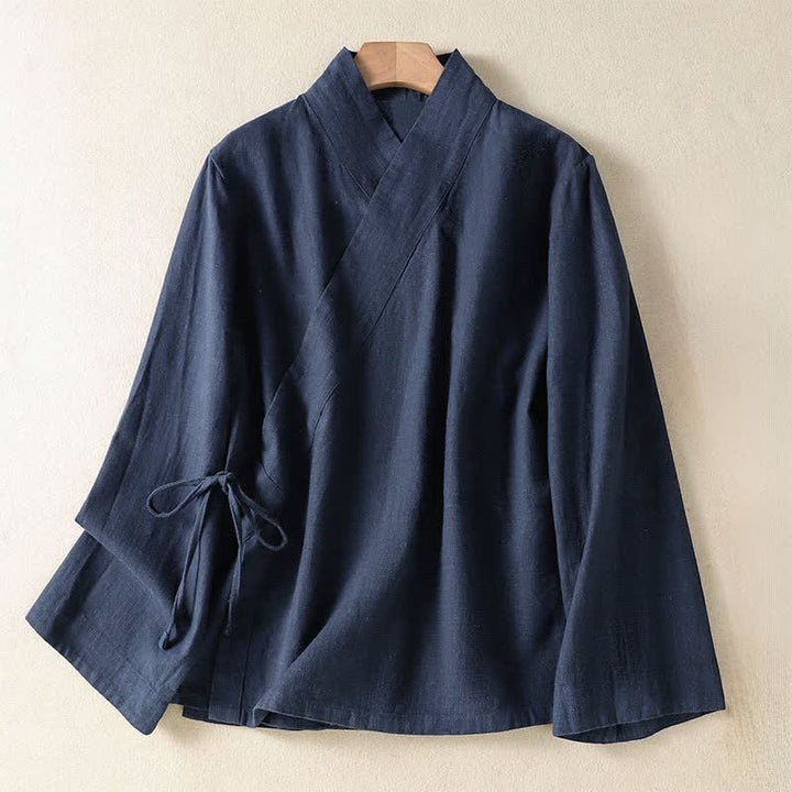 Buddha Stones Spring Summer Casual Tang Style V-Neck Drawstring Solid Women's Long Sleeve Shirts - MidnightBlue - US12, UK/AU16, EU44 (3XL) - image 0