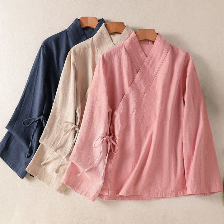 Buddha Stones Spring Summer Casual Tang Style V-Neck Drawstring Solid Women's Long Sleeve Shirts - image 20