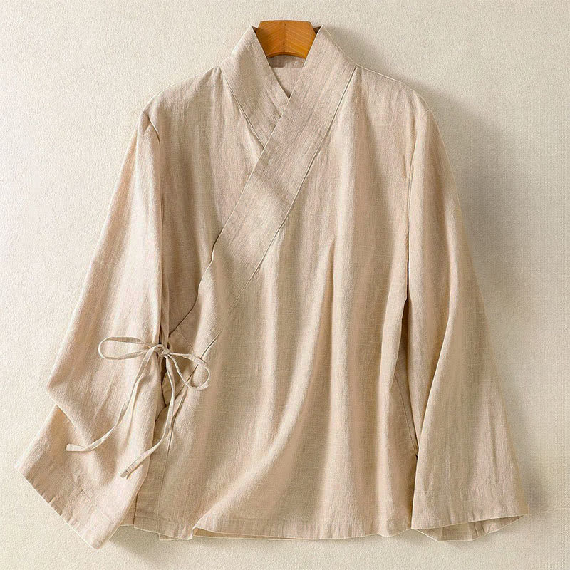 Buddha Stones Spring Summer Casual Tang Style V-Neck Drawstring Solid Women's Long Sleeve Shirts - AntiqueWhite - US12, UK/AU16, EU44 (3XL) - image 14