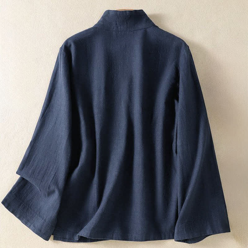 Buddha Stones Spring Summer Casual Tang Style V-Neck Drawstring Solid Women's Long Sleeve Shirts - image 1