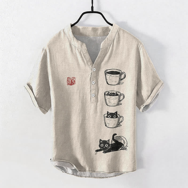 Buddha Stones Cotton Stacked Cups Cat Pattern Men's Short Sleeve Half Button Shirt - Beige - US/UK/AU50，EU60 (5XL) - image 0