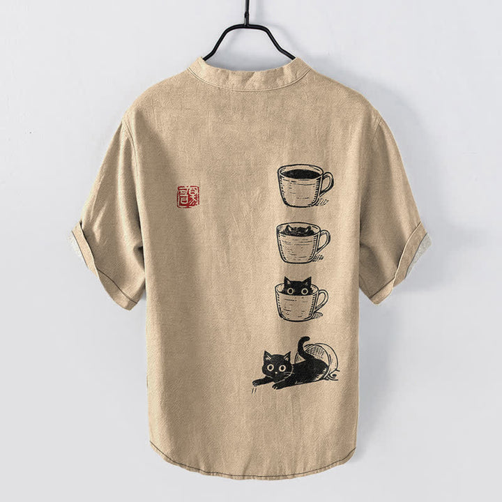 Buddha Stones Cotton Stacked Cups Cat Pattern Men's Short Sleeve Half Button Shirt - image 6
