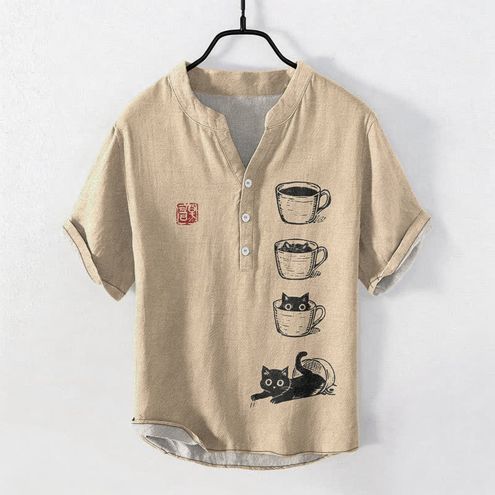 Buddha Stones Cotton Stacked Cups Cat Pattern Men's Short Sleeve Half Button Shirt - Tan - US/UK/AU50，EU60 (5XL) - image 5