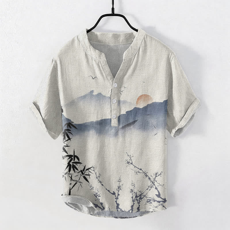 Buddha Stones Cotton Ink Mountain Sun Pattern Men's Short Sleeve Half Button Shirt - Beige - US/UK/AU50，EU60 (5XL) - image 0