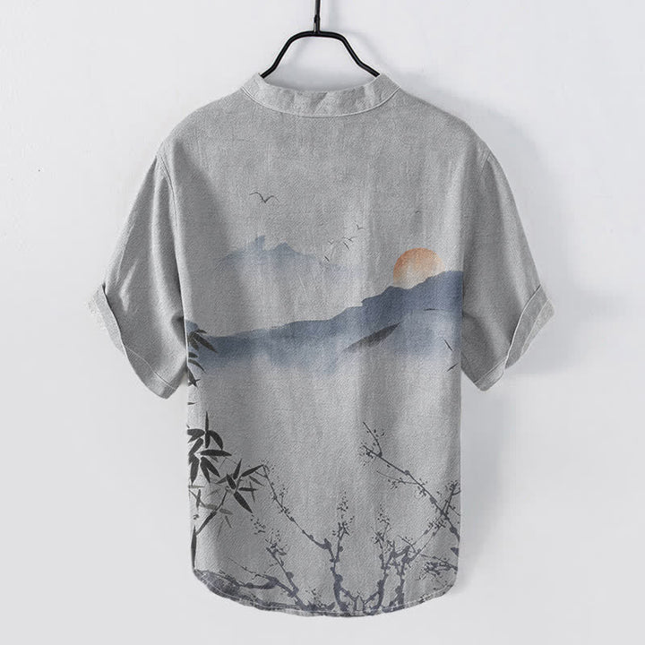 Buddha Stones Cotton Ink Mountain Sun Pattern Men's Short Sleeve Half Button Shirt - image 6