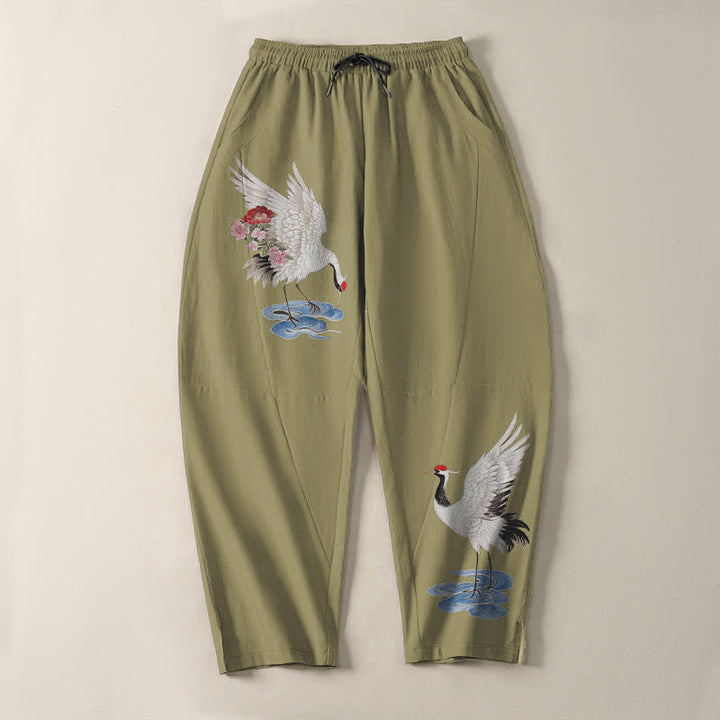 Buddha Stones Pure Cotton Red Crown Crane Pattern Drawstring Men's Tapered Pants With Pockets - image 13