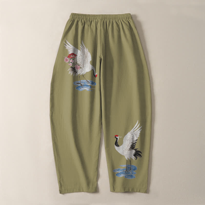 Buddha Stones Pure Cotton Red Crown Crane Pattern Drawstring Men's Tapered Pants With Pockets - image 14