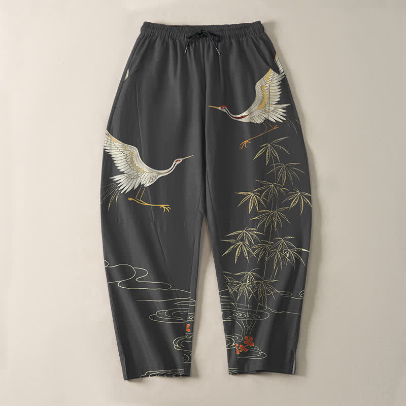 Buddha Stones Pure Cotton Crane Bamboo Wave Pattern Drawstring Men's Tapered Pants With Pockets - image 2