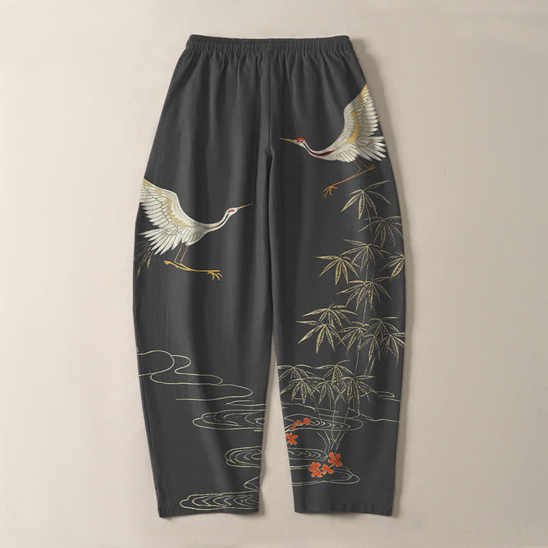 Buddha Stones Pure Cotton Crane Bamboo Wave Pattern Drawstring Men's Tapered Pants With Pockets - image 3