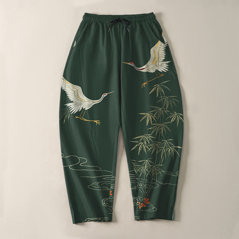 Buddha Stones Pure Cotton Crane Bamboo Wave Pattern Drawstring Men's Tapered Pants With Pockets - image 13