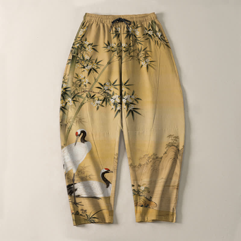 Buddha Stones Pure Cotton Crane Bamboo Landscape Pattern Drawstring Men's Tapered Pants With Pockets - image 2