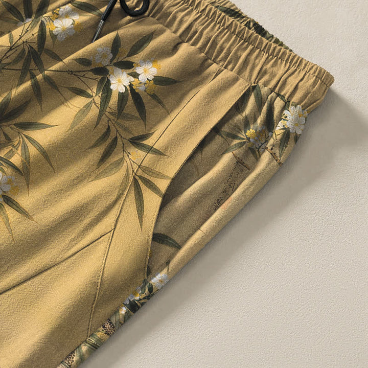 Buddha Stones Pure Cotton Crane Bamboo Landscape Pattern Drawstring Men's Tapered Pants With Pockets - image 4