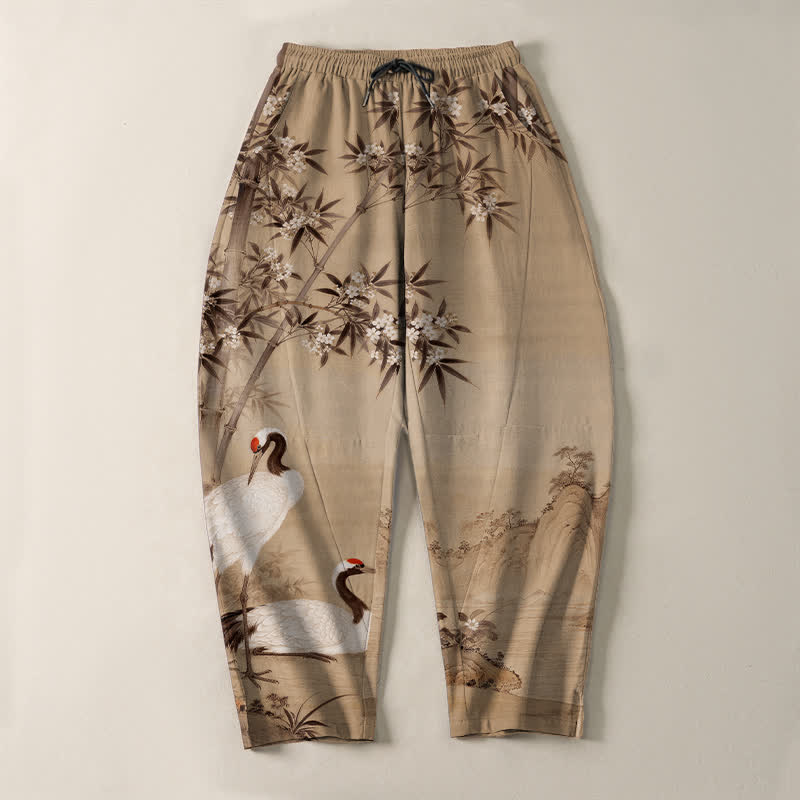 Buddha Stones Pure Cotton Crane Bamboo Landscape Pattern Drawstring Men's Tapered Pants With Pockets - image 9