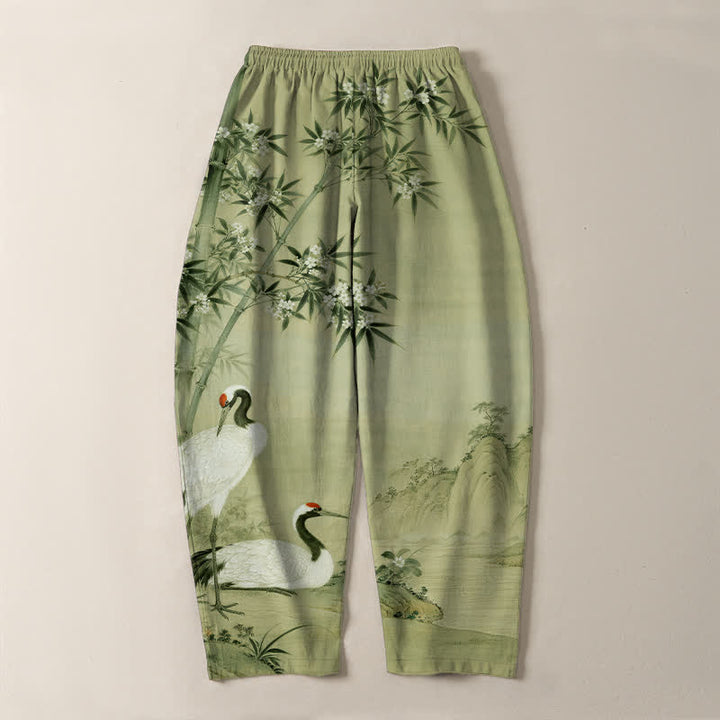Buddha Stones Pure Cotton Crane Bamboo Landscape Pattern Drawstring Men's Tapered Pants With Pockets - image 14