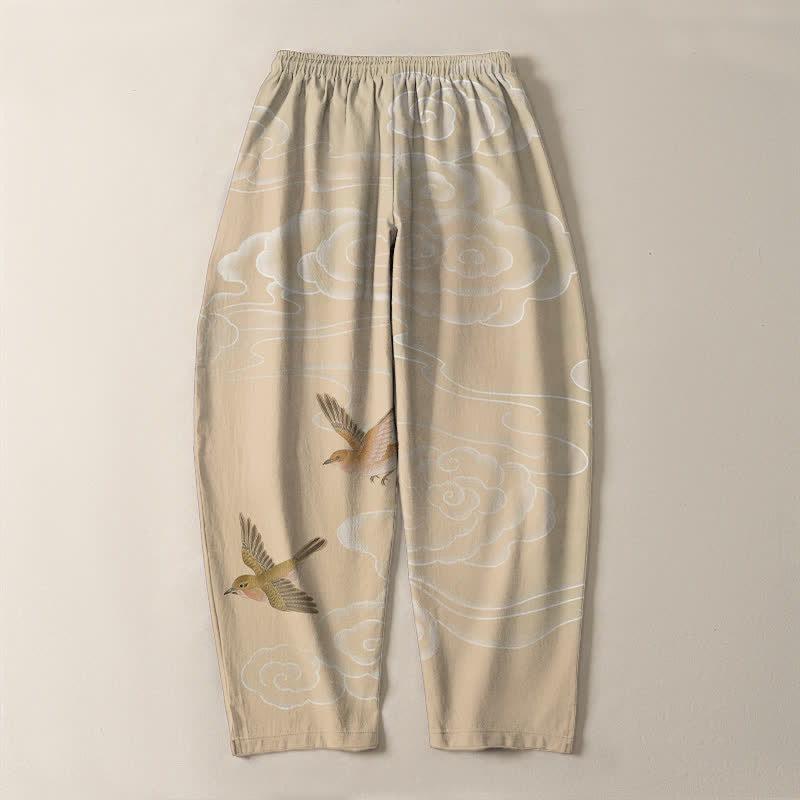 Buddha Stones Pure Cotton Auspicious Cloud Bird Pattern Drawstring Men's Tapered Pants With Pockets - image 3