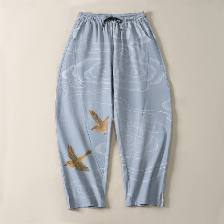 Buddha Stones Pure Cotton Auspicious Cloud Bird Pattern Drawstring Men's Tapered Pants With Pockets - image 9