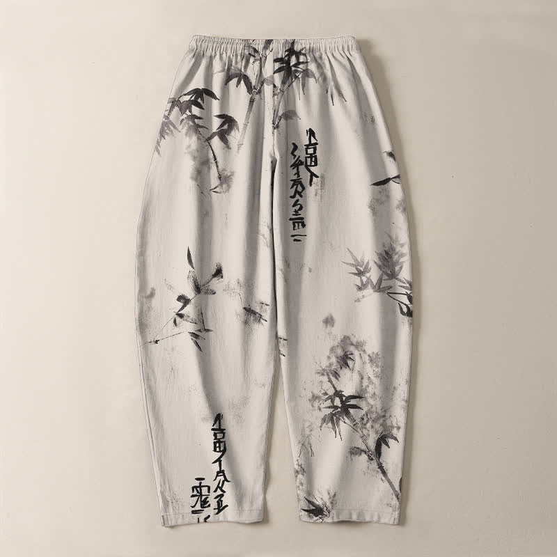 Buddha Stones Pure Cotton Ink Bamboo Calligraphy Pattern Drawstring Men's Tapered Pants With Pockets - image 3