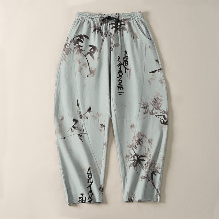 Buddha Stones Pure Cotton Ink Bamboo Calligraphy Pattern Drawstring Men's Tapered Pants With Pockets - image 13