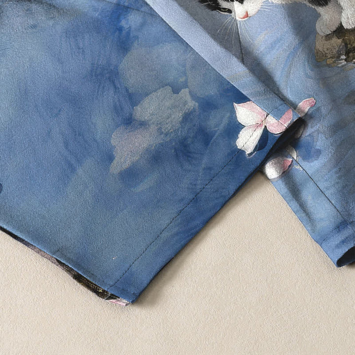 Buddha Stones Pure Cotton Sakura Cat Water Reflection Pattern Drawstring Men's Tapered Pants With Pockets - image 5