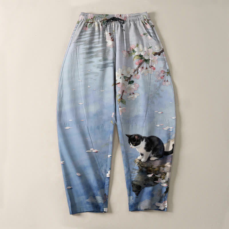 Buddha Stones Pure Cotton Sakura Cat Water Reflection Pattern Drawstring Men's Tapered Pants With Pockets - image 2