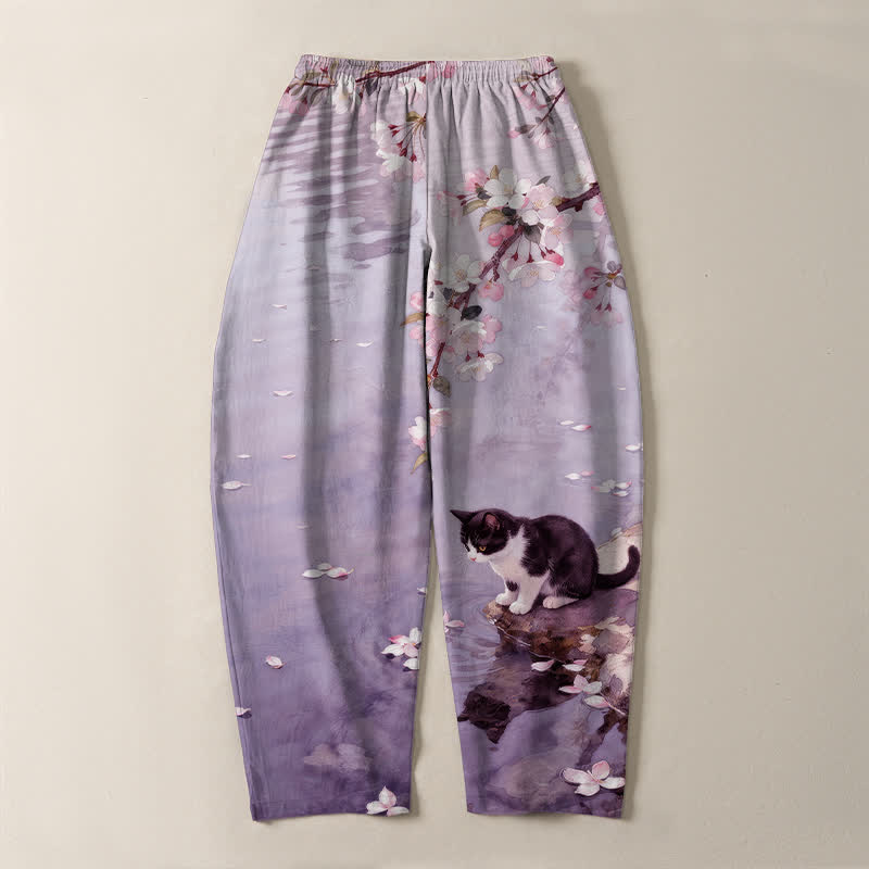 Buddha Stones Pure Cotton Sakura Cat Water Reflection Pattern Drawstring Men's Tapered Pants With Pockets - image 14