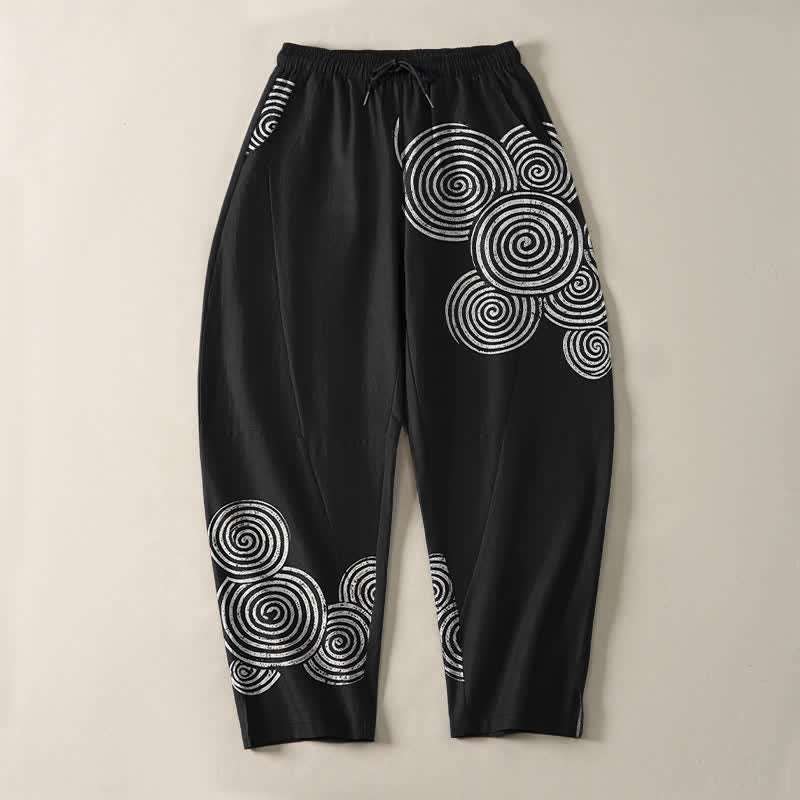 Buddha Stones Pure Cotton Concentric Spiral Pattern Drawstring Men's Tapered Pants With Pockets - image 2