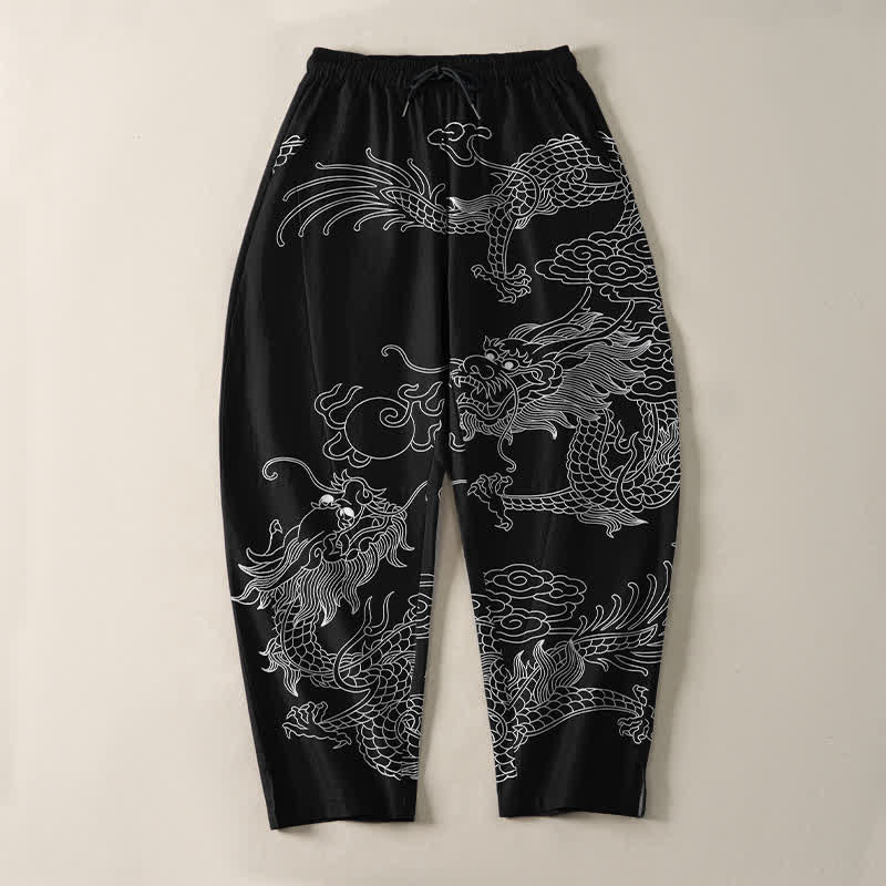 Buddha Stones Pure Cotton Imperial Dragon Pattern Drawstring Men's Tapered Pants With Pockets - image 2