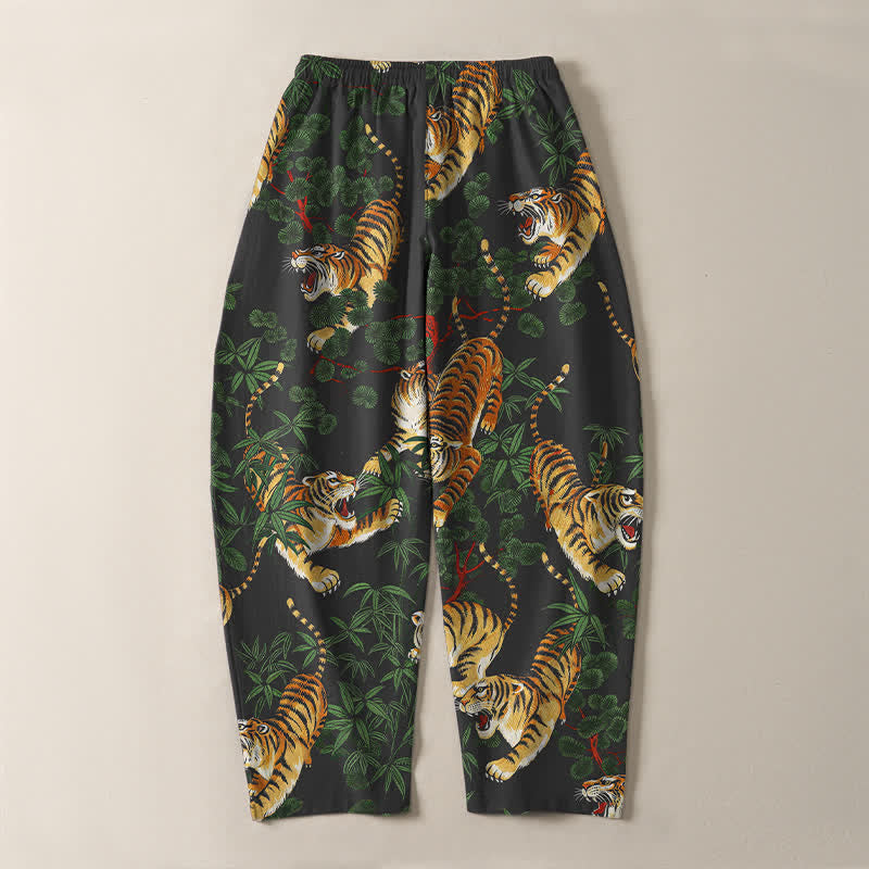 Buddha Stones Pure Cotton Tiger Bamboo Leaf Pattern Drawstring Men's Tapered Pants With Pockets - image 3