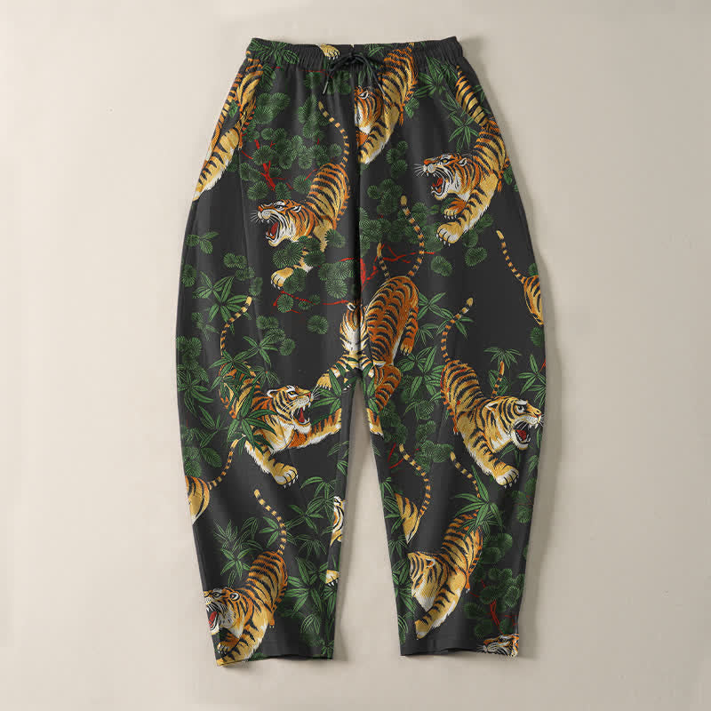 Buddha Stones Pure Cotton Tiger Bamboo Leaf Pattern Drawstring Men's Tapered Pants With Pockets - image 2