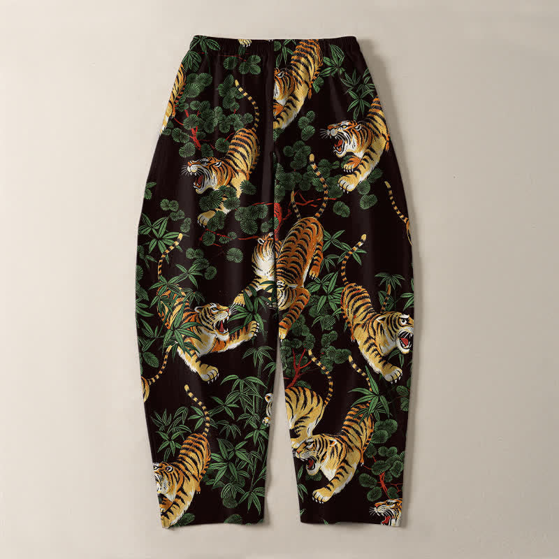 Buddha Stones Pure Cotton Tiger Bamboo Leaf Pattern Drawstring Men's Tapered Pants With Pockets - image 10