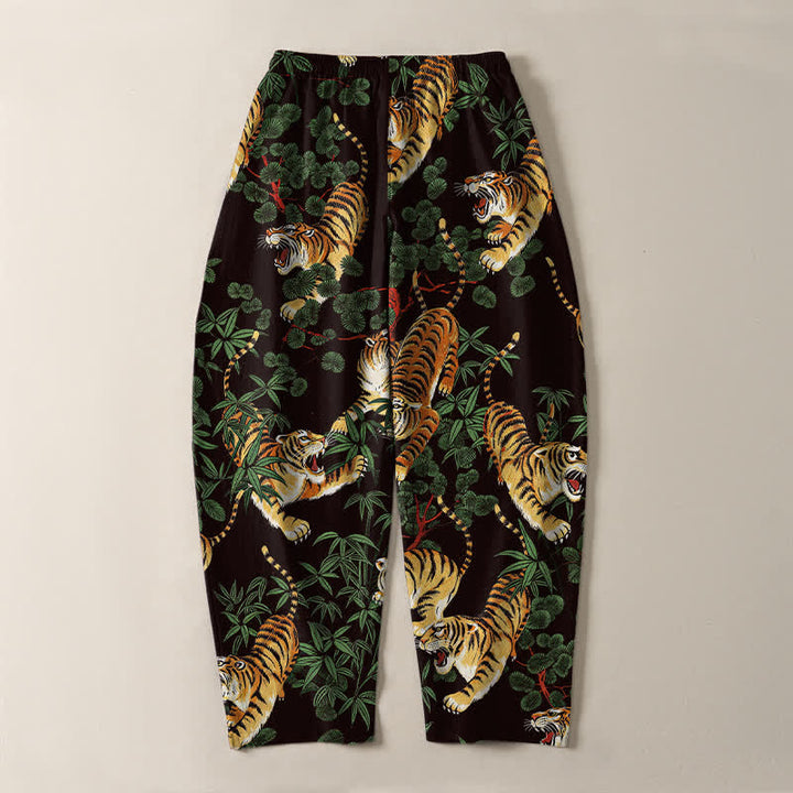 Buddha Stones Pure Cotton Tiger Bamboo Leaf Pattern Drawstring Men's Tapered Pants With Pockets - image 10
