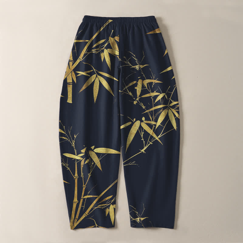 Buddha Stones Pure Cotton Golden Bamboo Pattern Drawstring Men's Tapered Pants With Pockets - image 3
